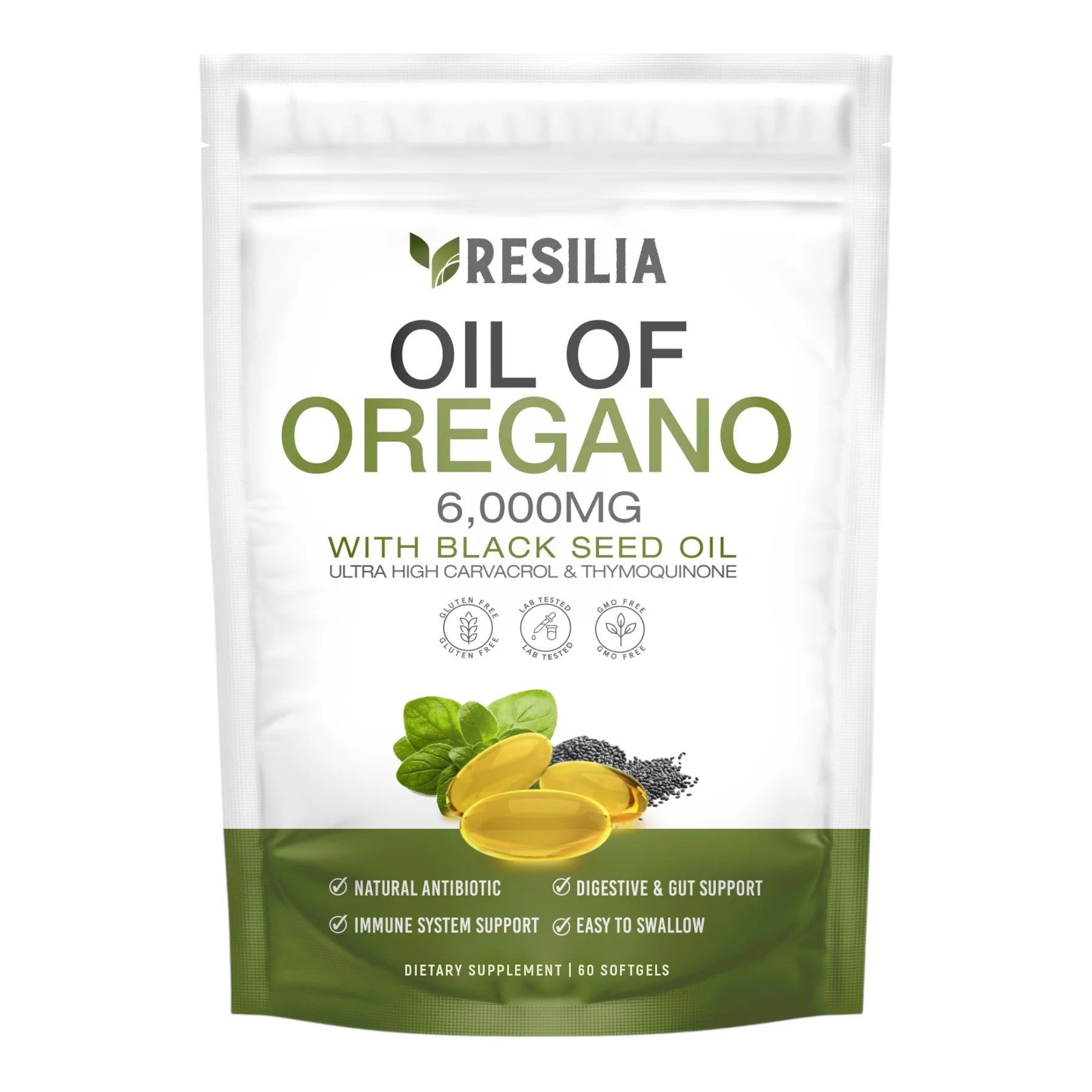 A package of Resilia Oil of Oregano softgels with black seed oil,Ultra-high Carnosol & Thymol content, presented as a dietary supplement for natural antibiotic, digestive & immune support.