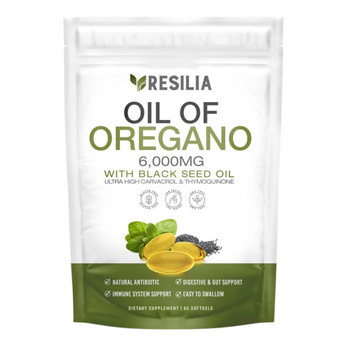 A package of Resilia Oil of Oregano softgels with black seed oil,Ultra-high Carnosol & Thymol content, presented as a dietary supplement for natural antibiotic, digestive & immune support.